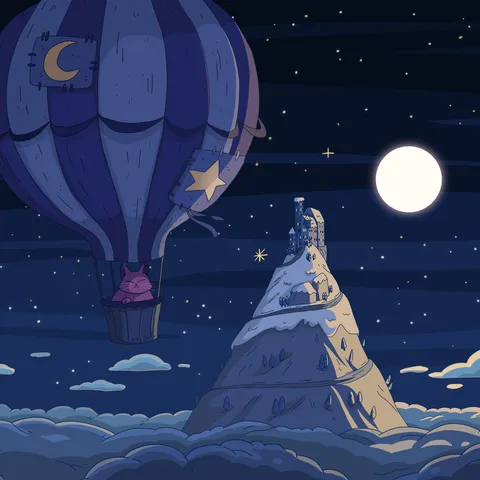 A purple cat riding a patched hot-air balloon above a sea of clouds beside a snowy peak with a tower, under a full moon