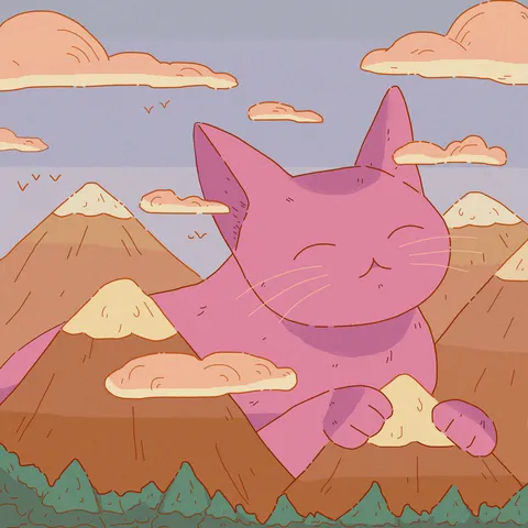 A giant purple cat rising calmly behind pastel orange mountains with peach clouds and a flock of birds