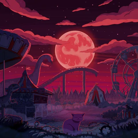 An abandoned amusement park with a rollercoaster, Ferris wheel and dinosaur statues under a huge blood-red moon, bats in the sky