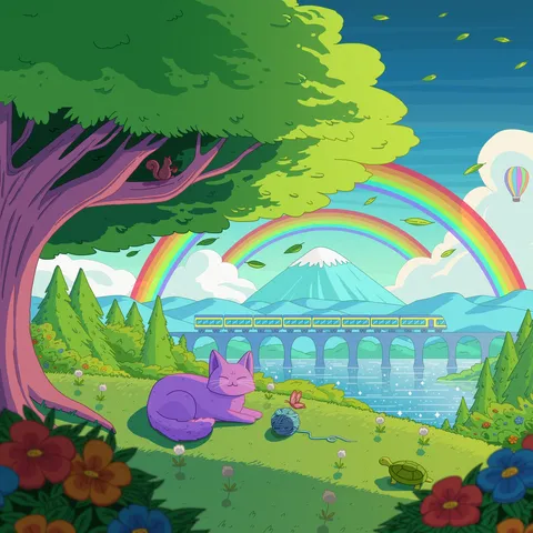 A purple cat napping with a ball of yarn under a purple-trunked tree, with a double rainbow, a hot-air balloon and a train on a viaduct