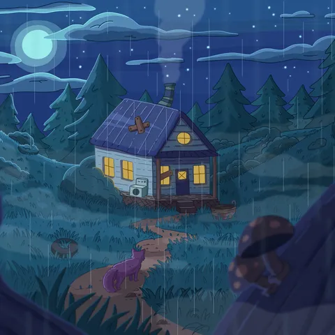 A cozy wooden cabin with warm windows and chimney smoke in a rainy night forest under a full moon, a small cat on the path