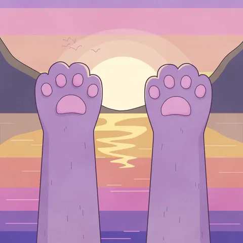 Two purple cat paws raised toward a golden sunset over the sea, under a pastel pink sky