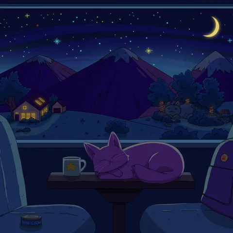A purple cat asleep on a train table in a dark carriage, a star mug and backpack beside it, purple mountains and a crescent moon through the window