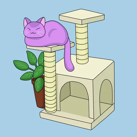 A purple cat asleep on top of a cream cat tree next to a leafy potted plant, on a plain sky-blue background